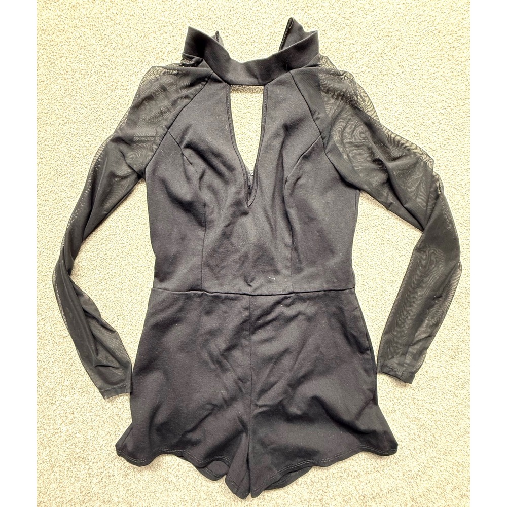 Charlotte Russe Black Mesh Sleeve Cutout Mock Neck Zip‎ Front Romper S